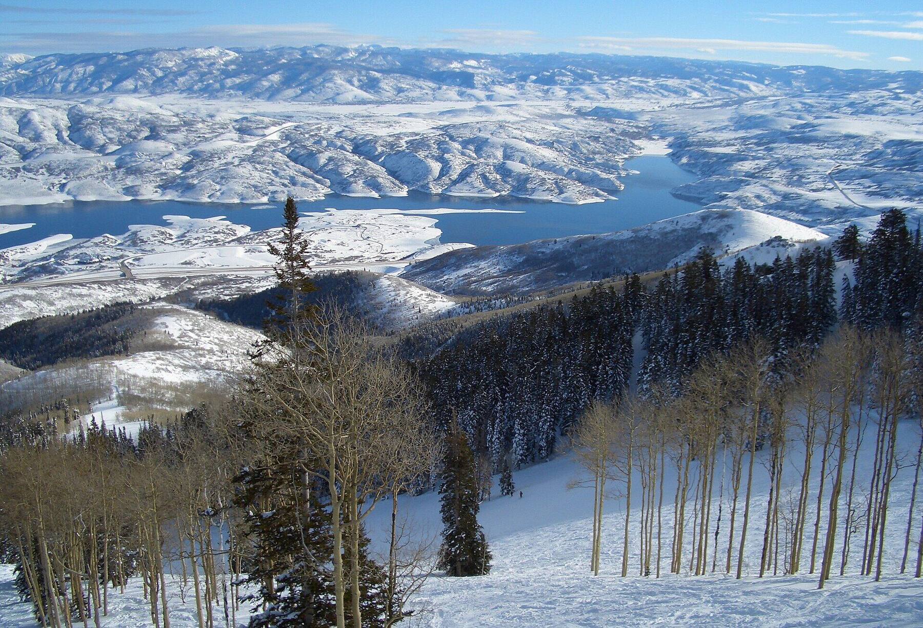 Winter view over Jordanelle Reservoir from the Deer Valley slopes near Park City, Utah